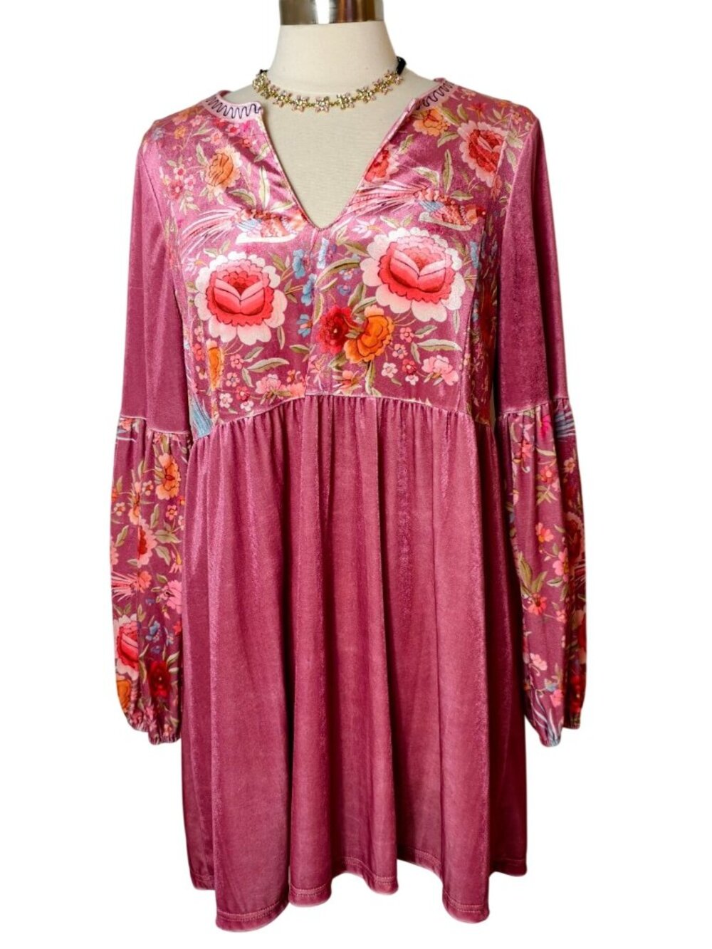 Ursime L Boho Tunic Dress Pink Floral Velvet Long Sleeve Feminine & Vibrant Desi